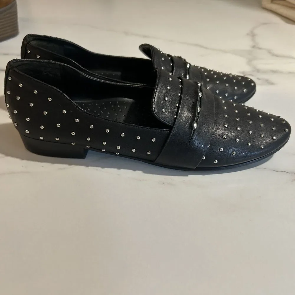 VanEli Penny Loafer Women Black Leather Shoes Smoking‎ Slipper 7 narrow Studded